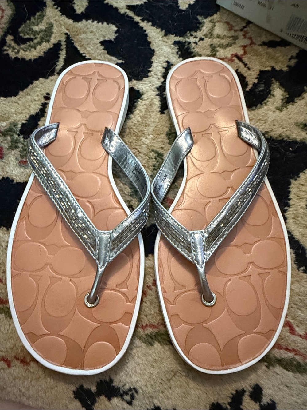 Coach Metallic Silver Thong Sandals with Tan Footbed